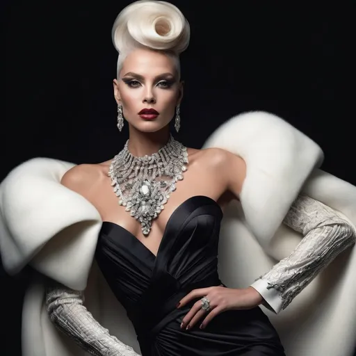 Prompt: A mesmerizing portrait graces the cover of an elite fashion magazine, capturing the essence of high-end sophistication. Set against a jet-black backdrop, the gorgeous, muscular, Polish, drag queen, model exudes confidence and allure, adorned in exquisite fashion garments that epitomize elegance and class. This breathtaking image transcends traditional notions of style, embodying an innovative vision of haute couture that pushes the boundaries of modern aesthetics.