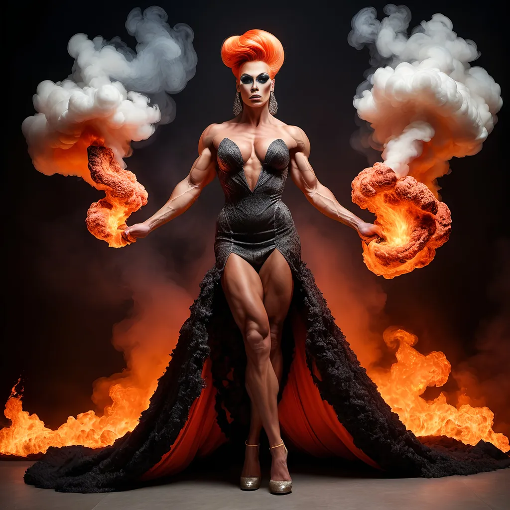 Prompt: Gorgeous ultra-muscular 25-year-old Czechian drag queen bodybuilder made of smoke and fire. Wearing a gown of lava.