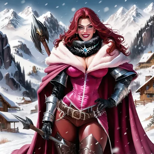 Prompt: A hi-res 8k hd digital photograph of a proud gorgeous rugged drag queen cowgirl with huge busom in winter snowy mountains. She is wearing a dark pink cloak lined with fur and a scarf over metal armor. She has ridiculously long wavy dark red hair and a black cowboy hat. She is holding a halberd. It is snowing and windy. She is smiling. Cowboy hat.