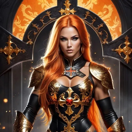 Prompt: Gorgeous ultra-muscular  25-year-old caucasian Finnish goddess bodybuilder with huge  busom and ridiculously long burnt orange hair wearing massive gothic armor with extremely detailed golden ornaments while a glowing cross stands in the Background - stunning and colorful artwork inspired by the style of Kim Hyung Tae ::5 highly stylized and artistic, with a strong emphasis on character design and visual impact, featuring unique and interesting poses and facial expressions ::4 vivid and dynamic, with a strong sense of motion and energy, featuring bold colors and interesting backgrounds ::3 highly imaginative and visually striking, with interesting lighting and shading, featuring iconic and unforgettable imagery ::3 no overly simplistic or generic designs. ::-2 --ar 9:16 --quality 2 --style expressive --niji 6