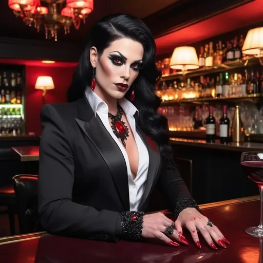 Prompt: A (strikingly beautiful muscular 35-year-old European drag queen), jet black hair, (vibrant red eyes), (large busom), sitting at a luxe lounge bar, (chalk white skin), (exotic features), (long black talon-like finger nails), wearing a (white blouse) and (black blazer), elegantly holding a glass of (blood red wine), adorned with a (jeweled scorpion choker), black bracelets with ruby gems, featuring a tuxedo clad bartender in the background, capturing rich ambiance with an air of danger & tension, (high detail), (soft light), (photorealistic), 8k resolution, sophisticated gothic atmosphere, pro cinematic photo quality, luxurious setting.