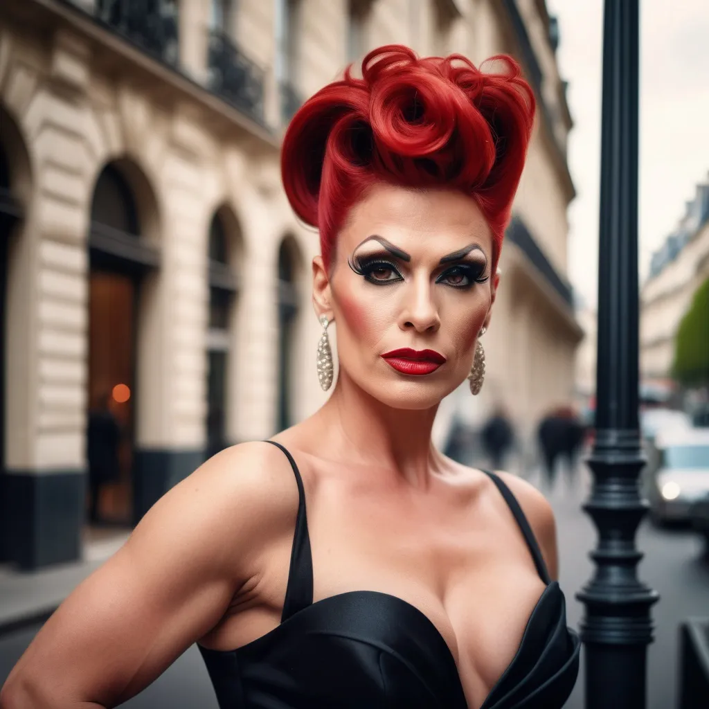 Prompt: Glamour photography of gorgeous 35-year-old czechian drag queen (strong, masculine jawline and brow features) with huge busom and short red updo hair wearing LBD and 8 inch stiletto high heel shoes, Glamour makeup in paris in the style of Guy Aroch