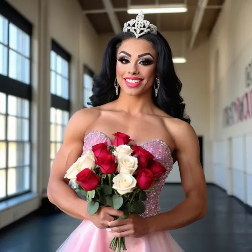 Prompt: Gorgeous muscular 18-year-old French drag queen prom queen bodybuilder (very strong masculine facial features) smiling beautifully while posing on the (high school) gymnasium stage holding a bouquet of roses. Beautiful, classy, and flirty gown, 8 inch stiletto high heel shoes.