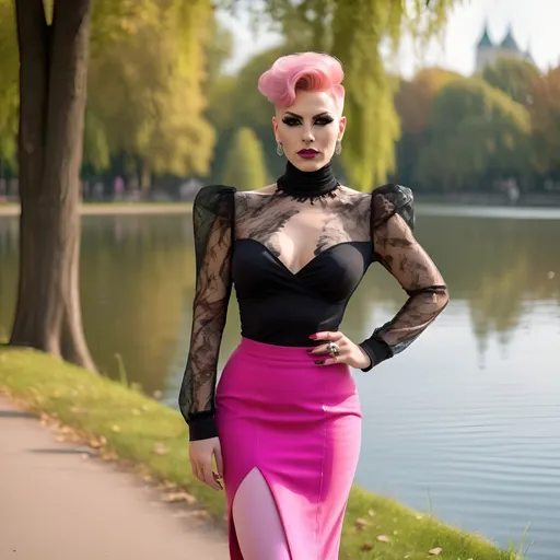 Prompt: Gorgeous ultra-muscular 25-year-old Czechian drag queen  (masculine jawline and brow facial features) with big busom, and short pink pixie haircut, she walks along a lake in a park. Wearing 8 inch stiletto high heel shoes, sheer nylon tights, a knee-length pencil skirt and a matching wrap-around blouse (showing cleavage).