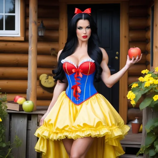 Prompt: Gorgeous ultra-muscular 25-year-old Finnish goddess bodybuilder with huge busom and ridiculously long straight shiny black hair dressed as Snow White with a yellow frilly dress, a blue & red corset, a red ribbon in her hair, and 8 inch stiletto high heel shoes.  Holding an apple in a quaint cottage.