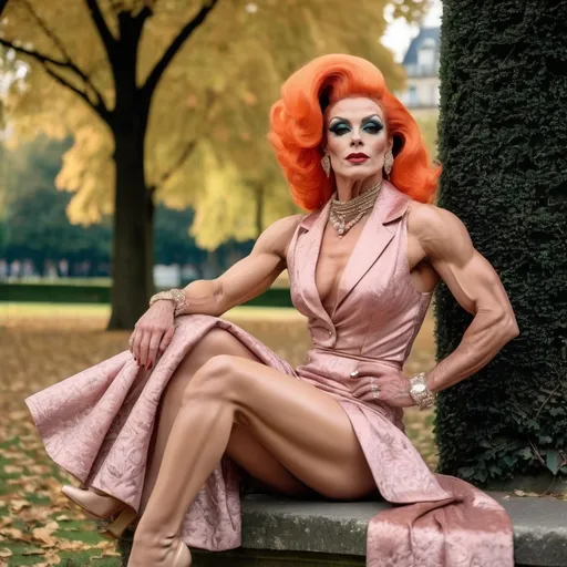 Prompt: Haute couture 35-year-old French drag queen bodybuilder model in a retro 1970s outfit, retro hair style, elegant and sophisticated full body pose, luxurious fabric with rich textures, sitting in the park in Paris, high-end fashion photography