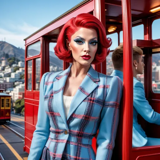 Prompt: Hyper-realistic 8k hd hi-res digital photography (Gorgeous California caucasian drag queen(with strong masculine jawline and brow features)), stepping onboard the bright red (San Francisco Cable Car), chic (pixie cut red hair), radiant face, wearing a stylish (sky-blue blazer), (knit top), and a (light blue plaid pleated skirt), paired with (black fashion boots), set against a vibrant, (sunny day), bustling atmosphere, (dynamic scene). Captured in ultra-detailed (8K) resolution, photorealistic style.