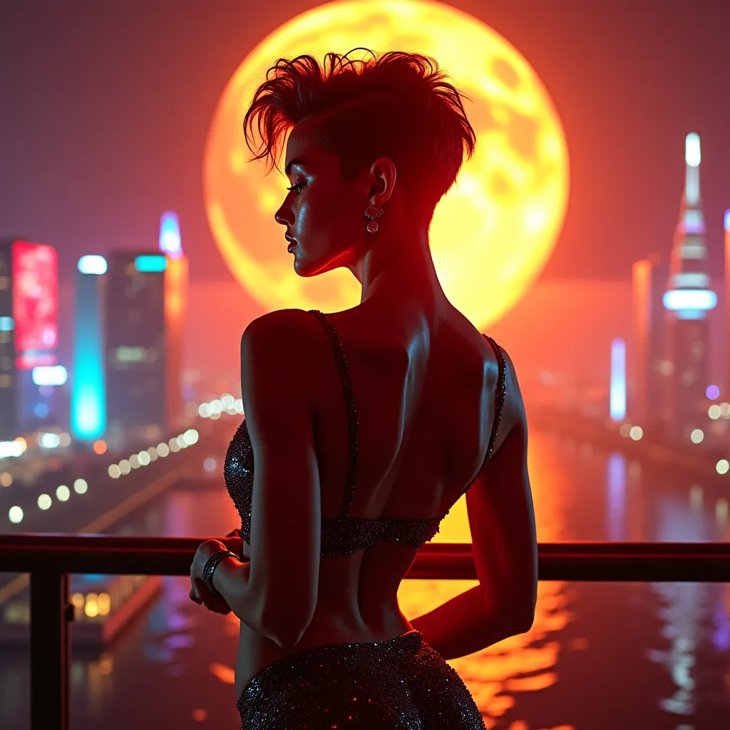 Prompt: (Cyberpunk aesthetic), (gorgeous ultra-muscular25-year-old Czechian drag queen bodybuilder), (asymmetric haircut), (heavenly beauty), showcasing (perfect anatomy), arms elegantly tucked behind her back, bathed in radiant (golden moonlight), at a dreamy (moonlit night), vivid neon cityscape in the background, rich contrasts of warm tones and cool hues, ultra-detailed, capturing an ethereal yet modern vibe, visually striking and enchanting.