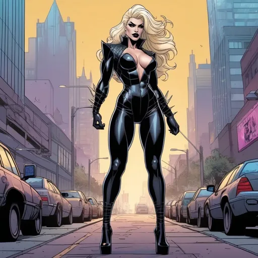 Prompt: Gorgeous muscular cyberpunk drag queen (DC Comics') Black Canary, great legs, crystal high heels,  dark lipstick.