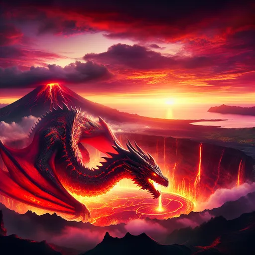 Prompt: Huge red dragon on fire, climbs out of a gigantic volcano at sunset in Hawaii