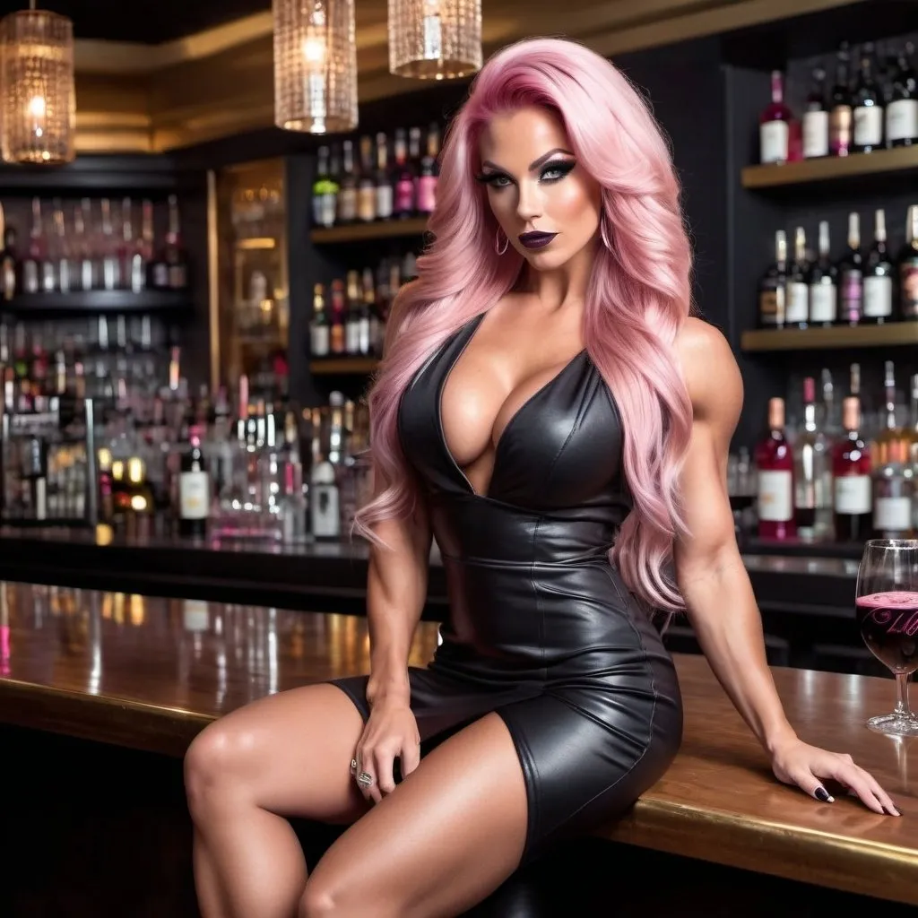 Prompt: Gorgeous ultra-muscular 25-year-old Finnish goddess bodybuilder with huge busom and long styled pink hair, wearing a black short dress and dark lipstick, smokey eyes and 8 inch stiletto high heel shoes sitting at a luxurious bar drinking a cosmopolitan.