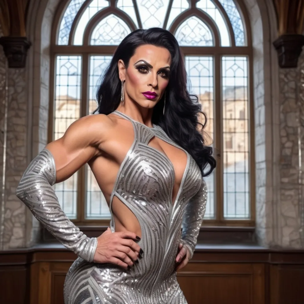 Prompt: the words incredible beauty as a muscular 35-year-old Turkish drag queen bodybuilder with dark hair and brown eyes, in a silver sequined dress in a castle ballroom, with a big window in the background