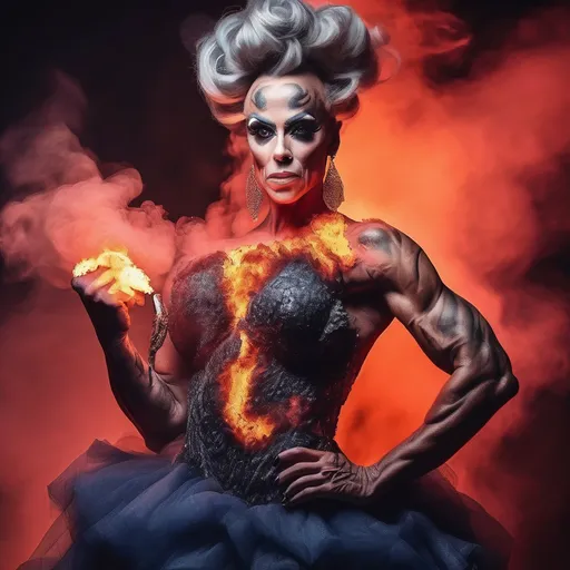 Prompt: Gorgeous muscular 35-year-old French drag queen bodybuilder made of smoke and fire. Wearing a gown made of lava.