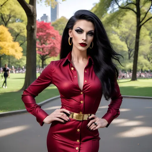 Prompt: Slim, gorgeous, 25-year-old, Swiss drag queen with a strong masculine jawline, dark eyeshadow and dark lipstick, wearing a form fitted slim long Red button down dress, gold stiletto high heels, long straight black hair. Posing in Central Park.