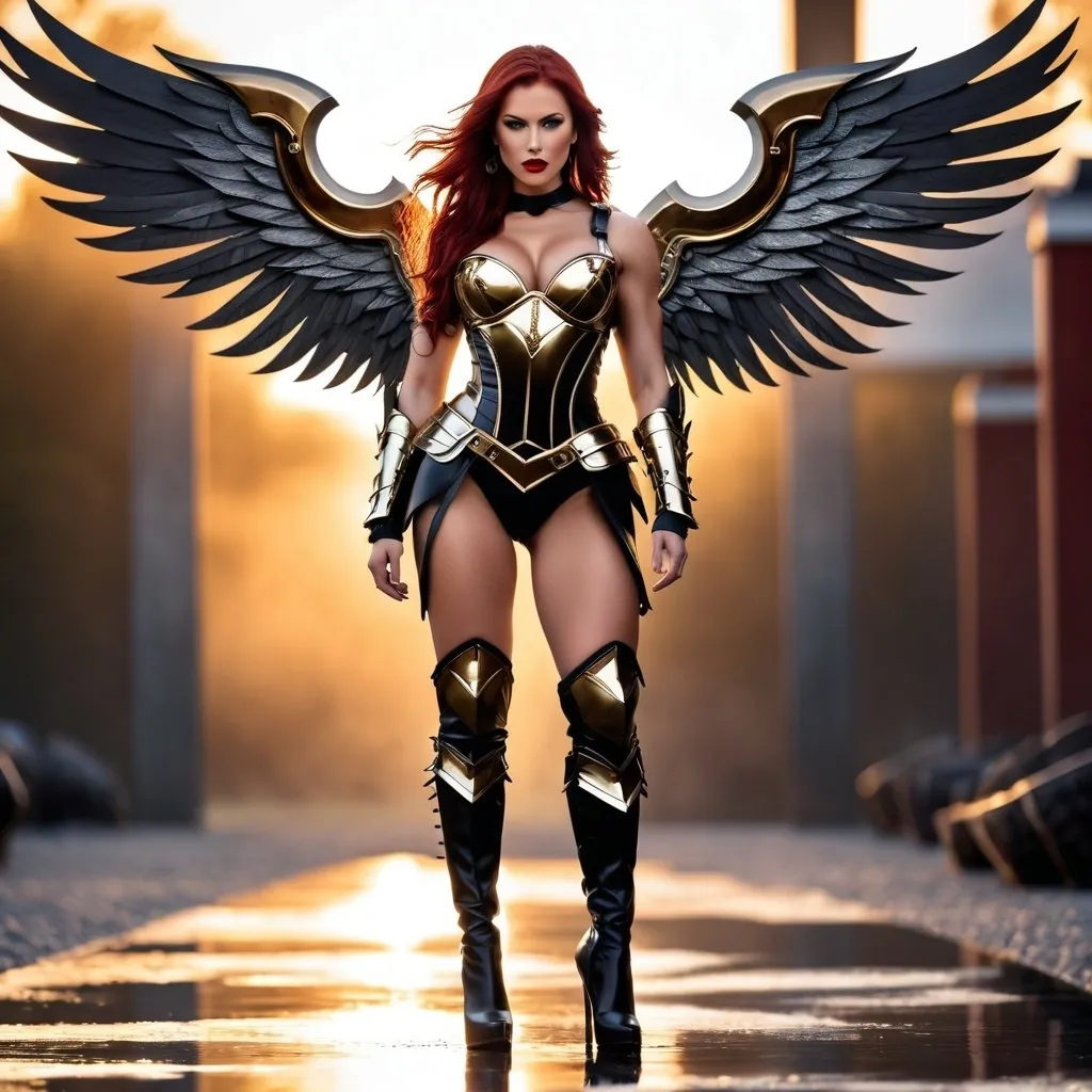 Prompt: Tall, gorgeous, ultra-muscular muscular, 25 year old goddess, (masterpiece:1.2, best quality:1.2, high quality, highres:1.1), (Best Quality), ((Photo Realistic)), (Full body portrait), ((Professional photography)), Norwegian warrior queen, layered dark red hair, black eye shadow, dark red lips, huge busom, intricate armored battle dress, thigh-high 8 inch stiletto high heel boots, ((intense metal reflections)), outdoors, gold, angelic armor and leather, professional lighting, blurry background, soft focus