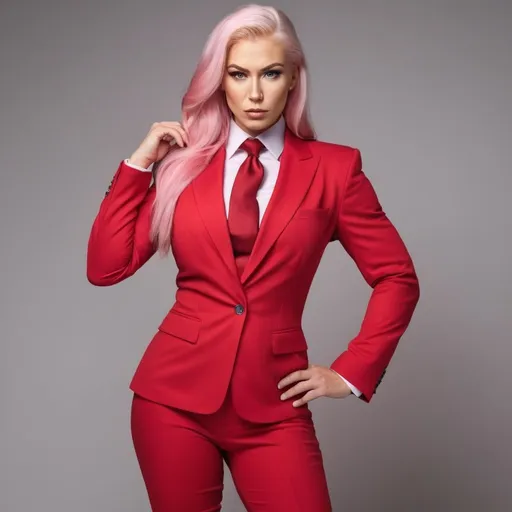 Prompt: Gorgeous ultra-muscular 25-year-old Finnish goddess with huge busom wearing a red business suit, Button up, red color tie, platinum pink hair, Wide shoulders, glamour makeup, full-length 