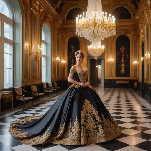 Prompt: A stunning ballroom scene in a grand 19th-century Russian palace, featuring a breathtakingly gorgeous muscular 35-year-old Russian drag queen bodybuilder in the center as Anna Karenina from the 1997 film. She wears an elegant, intricately detailed black and gold ball gown with delicate lace and a luxurious full skirt, embodying grace and nobility. Her hair is styled in an exquisite updo, adorned with pearls and jeweled accessories. Around her, aristocratic guests in opulent period attire gaze in admiration and awe, enchanted by her beauty and elegance. The ballroom is illuminated by grand chandeliers, casting a warm golden glow over the polished marble floors and elaborately decorated walls. The scene is captured in a classic cinematic style, evoking the romantic and dramatic essence of vintage film aesthetics.