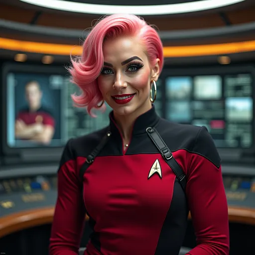 Prompt: Gorgeous ultra-muscular 25-year-old Czechian drag queen bodybuilder, Star Trek Uniform, harness:1.4, full lips, short swept over pink hair, heavy mascara, dark eyeshadow, dark red lipstick, Bridge Command Center Background, instagram pose, smiling, raw photo, sharp focus on eyes, film grain, magazine cover, high quality, clothing details, fine fabric, full body, art student, (official art, extremely detailed CG unity 8k wallpaper), beautifully detailed eyes, detailed fine nose, detailed fingers, (8k), (best quality), ( masterpiece:1.2), (realistic), ( photorealistic:1.57), extremely detailed handsome gentlebeing, couture, magazine cover, textless, high quality, clothing details, fine fabric, full body, 8k, cinematic lighting (high detailed skin:1.1) ,Enhance,Golden Inspiration