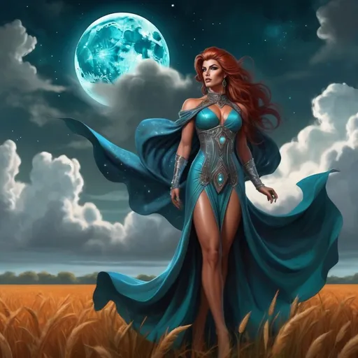 Prompt: The Queen Of Time And Space, a gorgeous muscular drag queen (with strong masculine facial features), Dark orange hair and big busom, in a Teal dress standing in a field of clouds and stars with a full moon behind her, Anne Stokes, fantasy art, epic fantasy character art, concept art