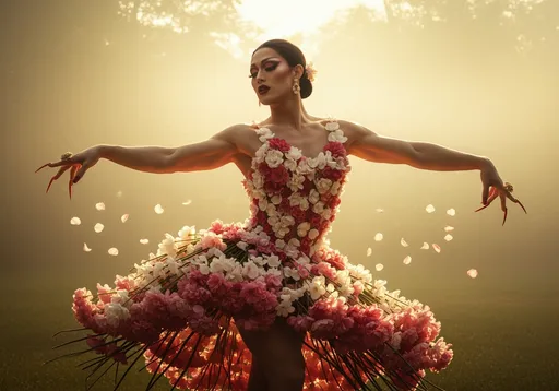Prompt: A muscular 35-year-old Japanese drag queen (with dark eyeshadow, dark red lipstick,  long dark red manicured fingernails) wearing a dress made of flower petals gracefully dancing in golden sunlight . Mist. Soft, warm glow, delicate motion, ethereal atmosphere, dreamy natural setting. A painting in the style of 19th-century realism.