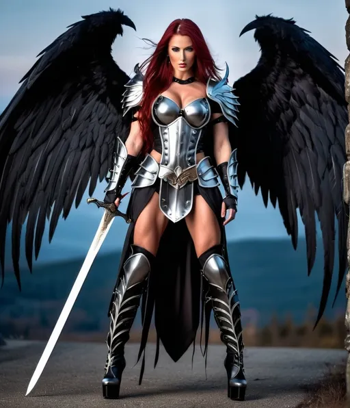 Prompt: Demonic Angel, gorgeous ultra-muscular 25-year-old Czechian bodybuiler with huge busom and ridiculously Long dark red Hair, long muscular legs, Demonic Eyes, Angel WIngs, Full Body, Armor, 8 inch stiletto high heel armour boots, Legendary Sword, Holy, Blood, Raven and Moon in Background