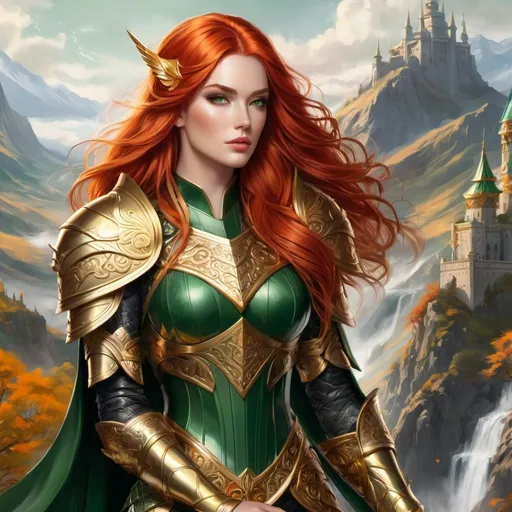 Prompt: Create a highly detailed and stylized full length portrait of a powerful fantasy warrior woman with long red hair and captivating green eyes, standing confidently in her majestic golden armor. Incorporate Artgerm's signature intricate designs and details into her ornate armor, including a breastplate and shoulder guards that highlight her nobility and strength.
Adorn her with a striking golden crown featuring pointed, horn-like extensions and large, matching gold earrings that enhance her regal appearance. Set the woman against a breathtaking, rugged, mountainous landscape with ancient, majestic buildings in the distance, adding a sense of grandeur and epic scale to the scene.
Draw inspiration from artists such as Artgerm, Julie Bell, Beeple, and Aly Fell, combining their styles to create a unique and visually stunning portrait. Ensure high detail and meticulous rendering of her facial features, hair, armor, and the fantasy environment, capturing the essence of a formidable warrior queen who commands attention and admiration in a mystical, otherworldly setting.