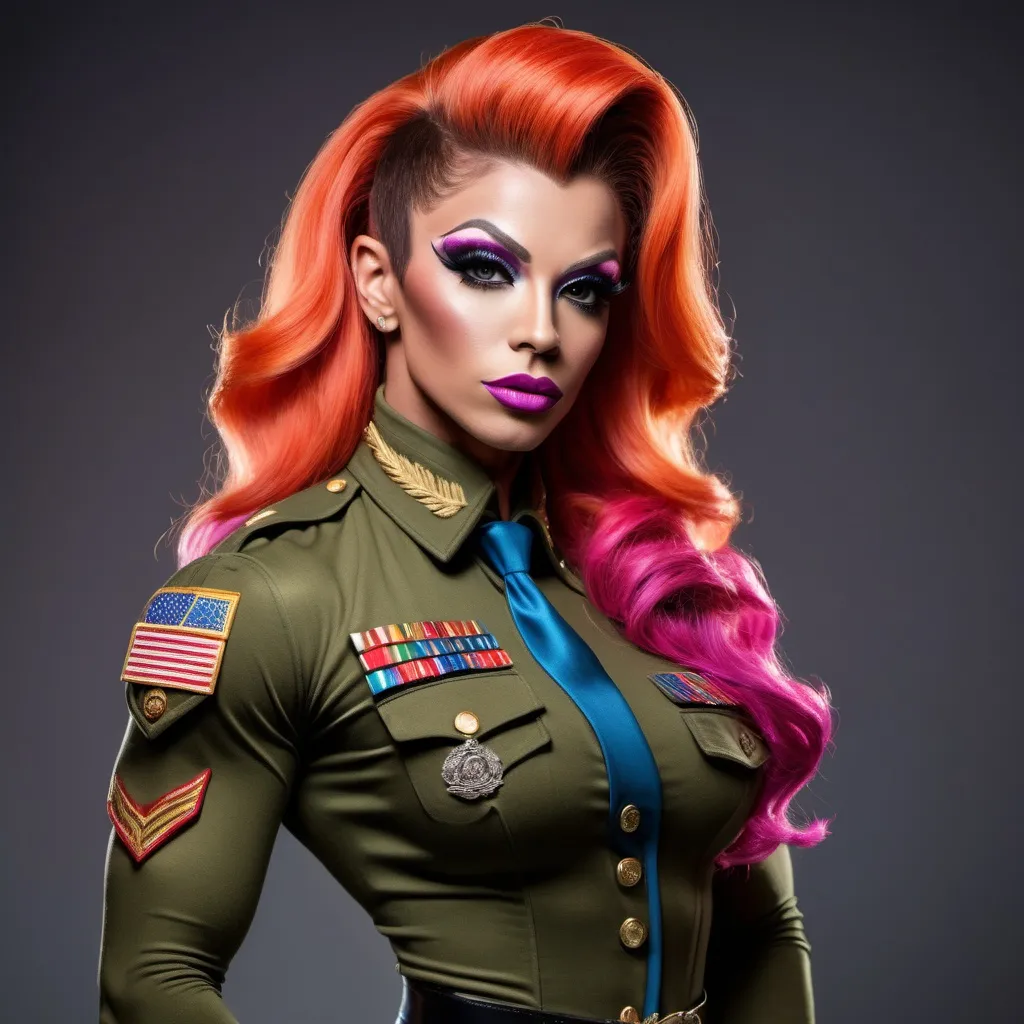 Prompt: Gorgeous ultra-muscular 25-year-old Swedish drag queen bodybuilder dressed as a professional military officer