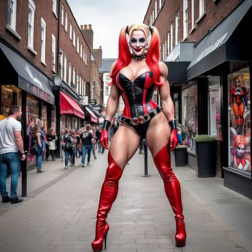 Prompt: Gorgeous ultra-muscular 25-year-old drag queen bodybuilder, dressed as Harley Quinn, long muscular legs, large busom, walking down the high street, choker necklace, corset, 8 inch stiletto thigh-high high heel boots, detailed clothing, realistic, natural lighting, full body, bodybuilder, full length, hi-res, 4k hd. Ultra-realistic, ultra-detailed.