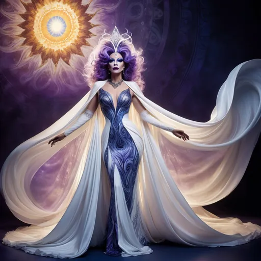 Prompt: Regal drag queen of Chaos, draped in a resplendent white gown with intricate, swirling patterns that shimmer like the sun, set against a backdrop of deep, foreboding blues and purples, evoking a sense of mystique and wonder, with radiant, ethereal light emanating from behind her, casting a halo effect, as if divinity itself had been distilled into her being, her beauty is both captivating and humbling, with delicate, luminous skin and raven tresses that cascade down her back like a waterfall of night, inspired by the dramatic lighting of Caravaggio, the vivid colors of Odilon Redon, and the intricate, symbolic details of H.R. Giger.