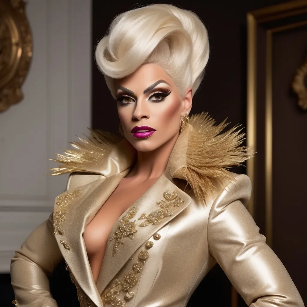 Prompt: "A gorgeous muscular British drag queen in her late twenties with striking platinum blonde hair and light brown eyes that shimmer with a golden hue. She has a sharp, regal face and an air of authority. Known as the 'Golden Dutchess,' she is tall and muscular, exuding confidence and refinement. Dressed in a tailored noble coat with intricate detailing, she stands in a grand hall, her demeanor poised yet guarded, hinting at a troubled past beneath her polished exterior."