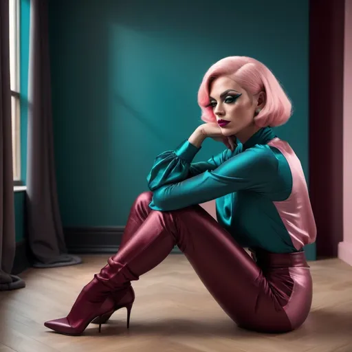 Prompt: photorealistic, (introspective) gorgeous Swedish drag queen with pink longbob seated in (thinker pose), dark eyeshadow abd dark red lipstick, muscular physique, black capi pants and wrap around teal blouse, soft natural lighting, warm tones, delicate shadows enhancing features, comfortable room ambiance, modern interior with minimalistic decor, inviting atmosphere, high resolution, ultra-detailed image, emphasizing deep thought and contemplation.