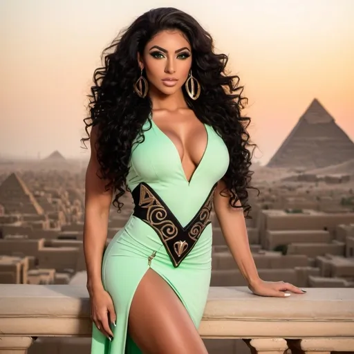 Prompt: Gorgeous ultra-muscular 25-year-old Egyptian goddess bodybuilder with huge busom, light green eyes lined with kohl, ridiculously long curly black hair, wearing a wearing a sheath dress with the hieroglyphic sign of the throne and 8 inch stiletto high heel shoes, pyramids in the background at dusk.