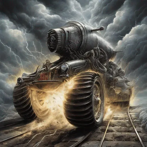 Prompt: Through boiling clouds of thunder
Blasting bolts of steel
Evils going under deadly wheels