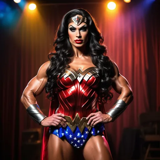 Prompt: Gorgeous ultra-muscular 25-year-old Greek drag queen bodybuilder with very long wavy black hair dressed as Wonder Woman.