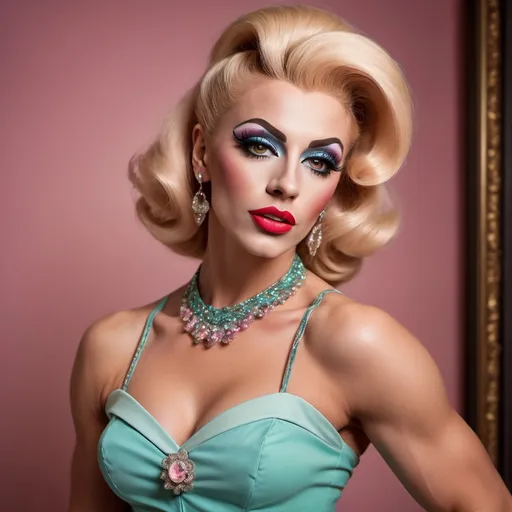 Prompt: Gorgeous ultra-muscular 25-year-old Hungarian drag queen (wearing a vintage fashion), (1950s style), elegant outfits, fitted dresses, petticoats, bold patterns, retro accessories, heels, vibrant colors, soft pastel shades, nostalgic atmosphere, warm lighting, high-quality, ultra-detailed, stylish urban setting, glamorous poses, cheerful mood, classic hairstyles, cinematic masterpiece.