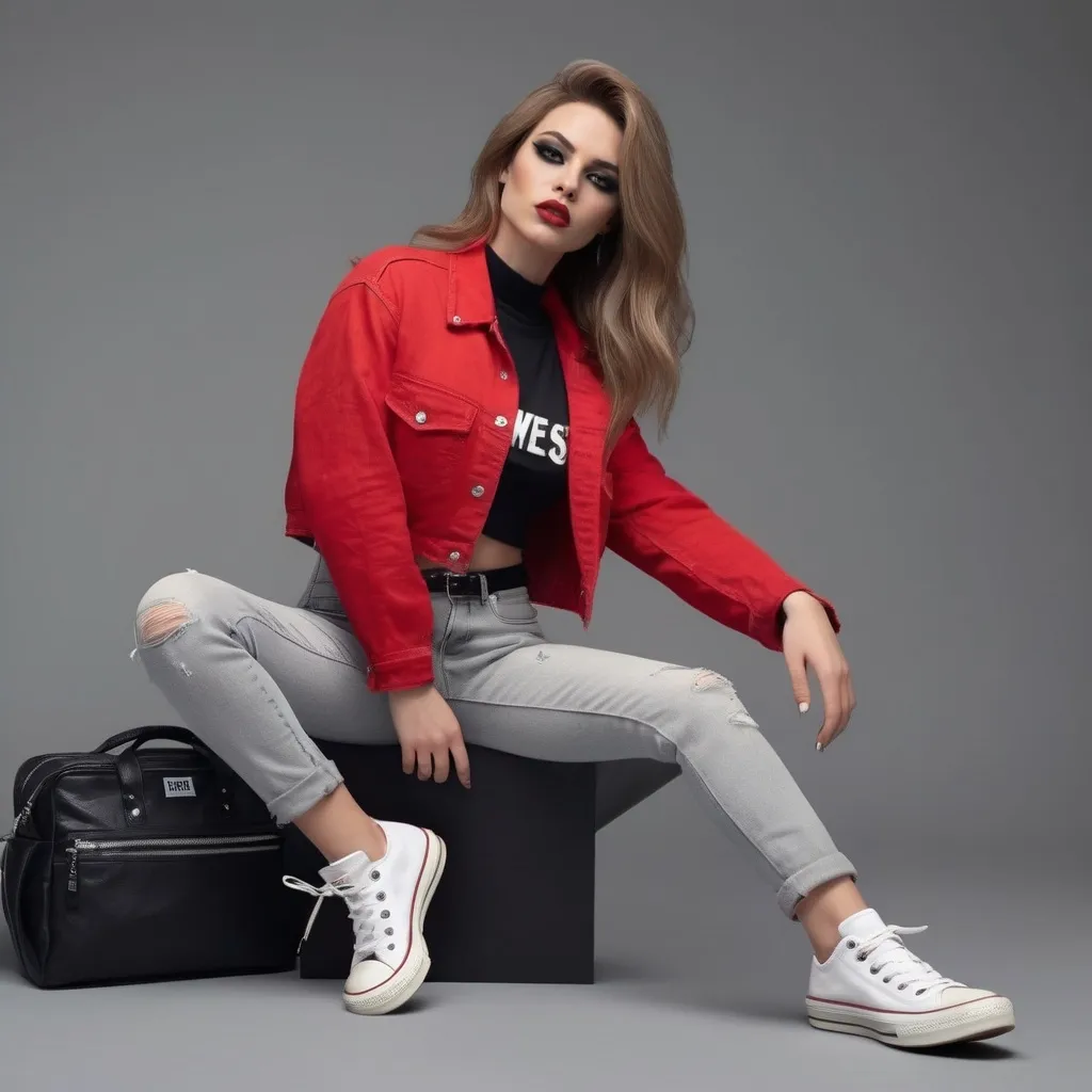 Prompt: high-resolution fashion photograph of a model posing in a minimalist set, gorgeous muscular 25-year-old Hungarian drag queen with big busom, dark blonde hair, dark eye makeup,  and dark lipstick, styled in a streetwear yet chic outfit consisting of a loose white crop-top and slim black capri jeans, complemented by simple red 8 onch stiletto high heel Converse sneakers, background is a smooth, gray, providing a stark contrast that highlights the outfit, lighting is soft yet directional, accentuating the texture of the white fabric and the sleek fit of the jeans, emphasize the casual pose of the model, with hands lightly tucked into the jean pockets, capturing a relaxed yet fashionable streetwear vibe, UHD