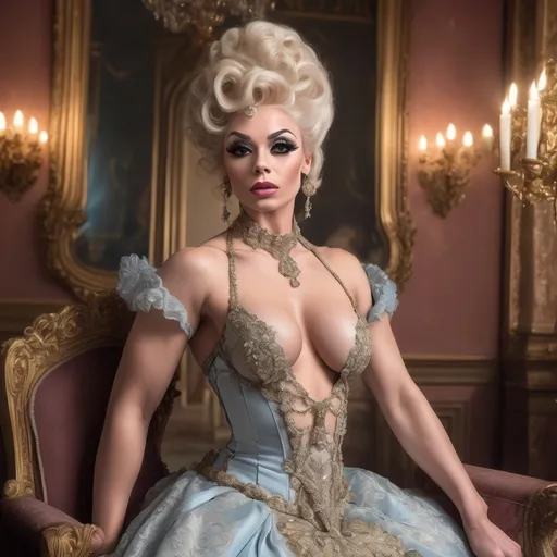 Prompt: No flaws, Full body Rococo era 4k HD digital photograph of a gorgeous 25 year old Czechian drag queen bodybuiler, 4k hd digital photography, luxurious dress, elaborate hairstyle, huge busom, long muscular legs,  8 inch stiletto high heel shoes, ornate jewelry, soft colors, soft and diffused lighting, high quality, detailed brushwork, elegant and refined, opulent setting, intricate lace details, classic beauty, historical art, Rococo style, delicate features, aristocratic charm, full body photography, hyper-realistic, hyper-realistic, flawless photo