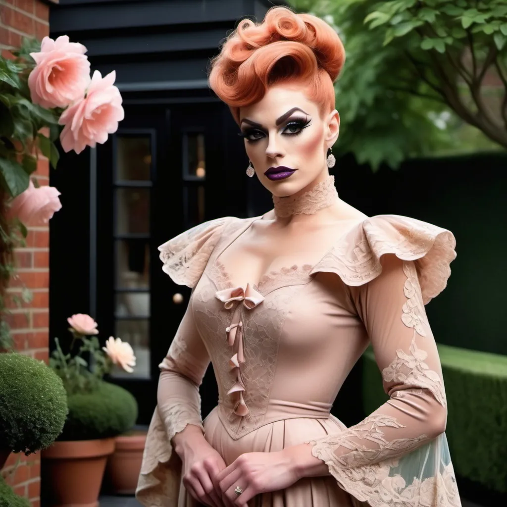 Prompt: Gorgeous muscular 25-year-old British drag queen ((strong masculine jawline and brow features)) wearing a tea-gown, year 1905. Garden patio. Lace. frills. realistic. pretty face