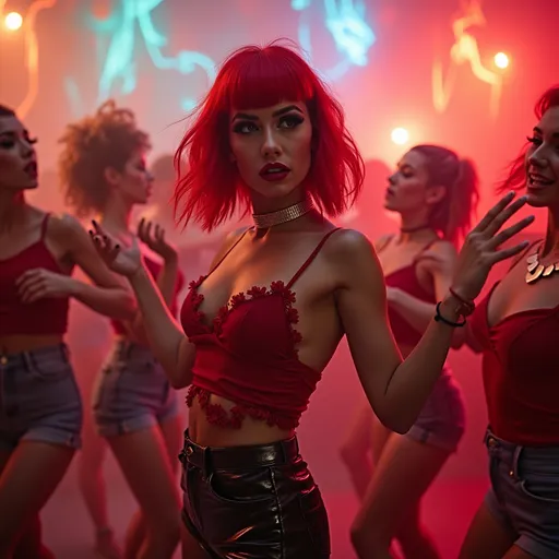 Prompt: (Gorgeous ultra-muscular 25-year-old Czechian drag queen with petite feminine muscular body), (lightly masculine facial structure), medium length messy red bob cut hair, heavy mascara, dark red lipstick, 
 wearing stylish male clothes, leather collar, 8 inch stiletto high heel shoes, dancing joyfully with other girls, vibrant colors, energetic ambiance, dynamic motion, fun atmosphere, (HD), ultra-detailed, whimsical background filled with flowing fabrics and abstract shapes.