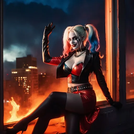 Prompt: Drag queen Harley Quinn perched on a window, hands in the air in triumph, gazing into a fiery cityscape, flames illuminated against a dark sky, dramatic tones, vivid reds and oranges, smoke swirling in the air, high detail, moody atmosphere, urban environment, nighttime, powerful contrast, cinematic lighting, ultra-detailed, surreal and intense emotional vibe.