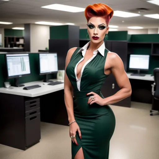 Prompt: Gorgeous ultra-muscular 25-year-old drag queen businesswoman, very well endowed, dark orange updo hairstyle, wearing sophisticated dark green business dress and white blouse, dark eye shadow and dark red lipstick, 8 inch stiletto high heel shoes, standing by a cubicle 