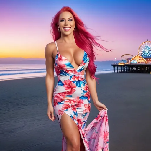 Prompt: Hi-res, 8k hd, Full body photography, Gorgeous tall ultra-muscular Finnish goddess, 25 years old, ridiculously long straight pink hair (((blowing in wind))), crystal blue eyes, long muscular legs, muscular physique, immaculate glamour makeup, smiling, lush curvy figure, short red floral Hawaiian dress, 8 inch high heel shoes, standing in front of the Santa Monica Pier at dusk, 8k photo, elegant, stylish, Californian culture, detailed features, highres, natural lighting, vibrant colors. Full length photography, full body photography. Ultra-detailed,  ultra-realistic. 