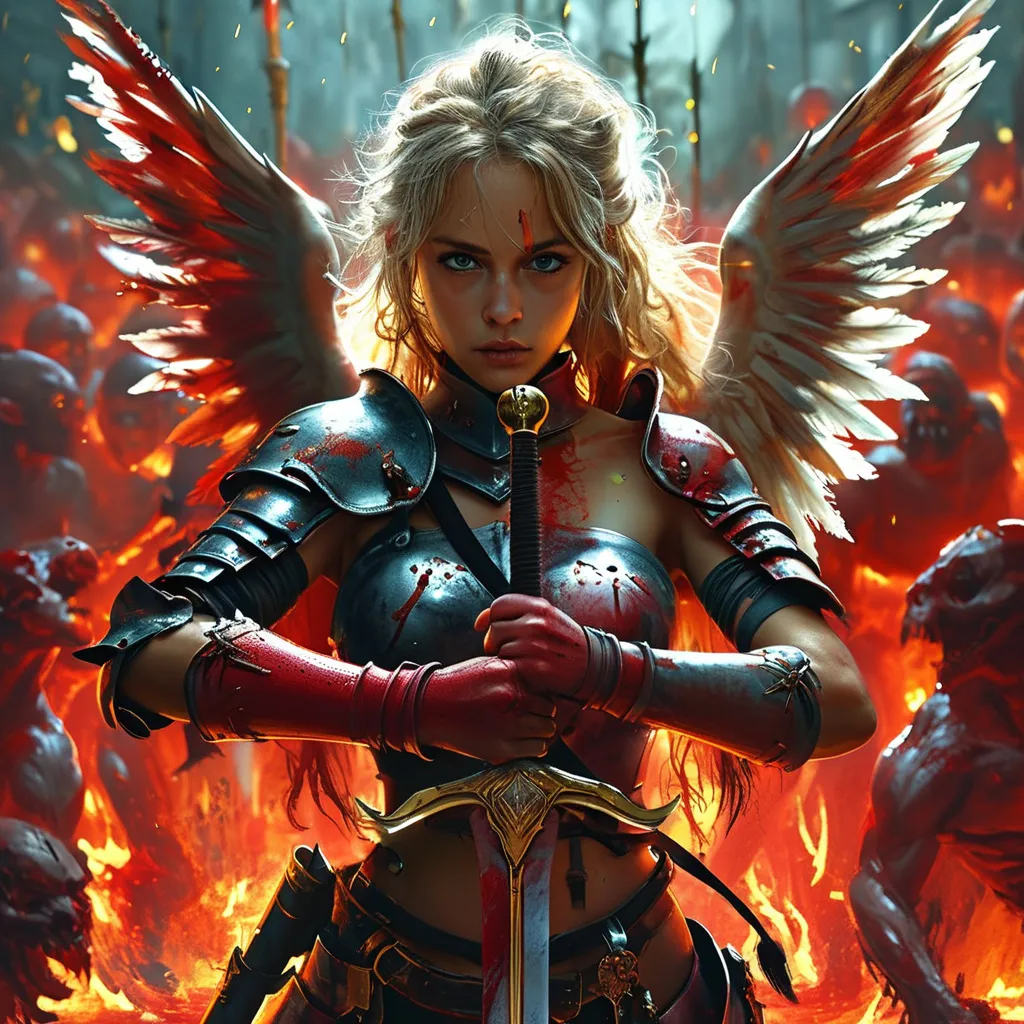 Prompt: Gorgeous angel warrior fighting her way through hell with only a large sword. Bloody demon hoard in background. 