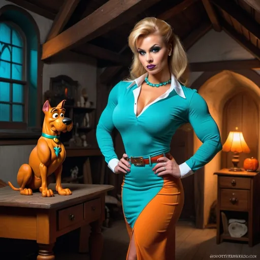 Prompt: Gorgeous muscular 25-year-old Polish female goddess bodybuilder dressed as Fred Jones ((((scooby doo character)))) in white long sleeve shirt, teal long skirt and orange ascot with blonde updo, large busom, long muscular legs and 8 inch stiletto high heels shoes, spooky, dark, dimly lit haunted attic. white long sleeve shirt. Ghosts and spiders