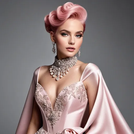 Prompt: A mesmerizing portrait graces the cover of an elite fashion magazine, capturing the essence of high-end sophistication. Set against a white back drop, the gorgeous pink haired model exudes confidence and allure, adorned in exquisite fashion garments that epitomize elegance and class. This breathtaking image transcends traditional notions of style, embodying an innovative vision of haute couture that pushes the boundaries of modern aesthetics.