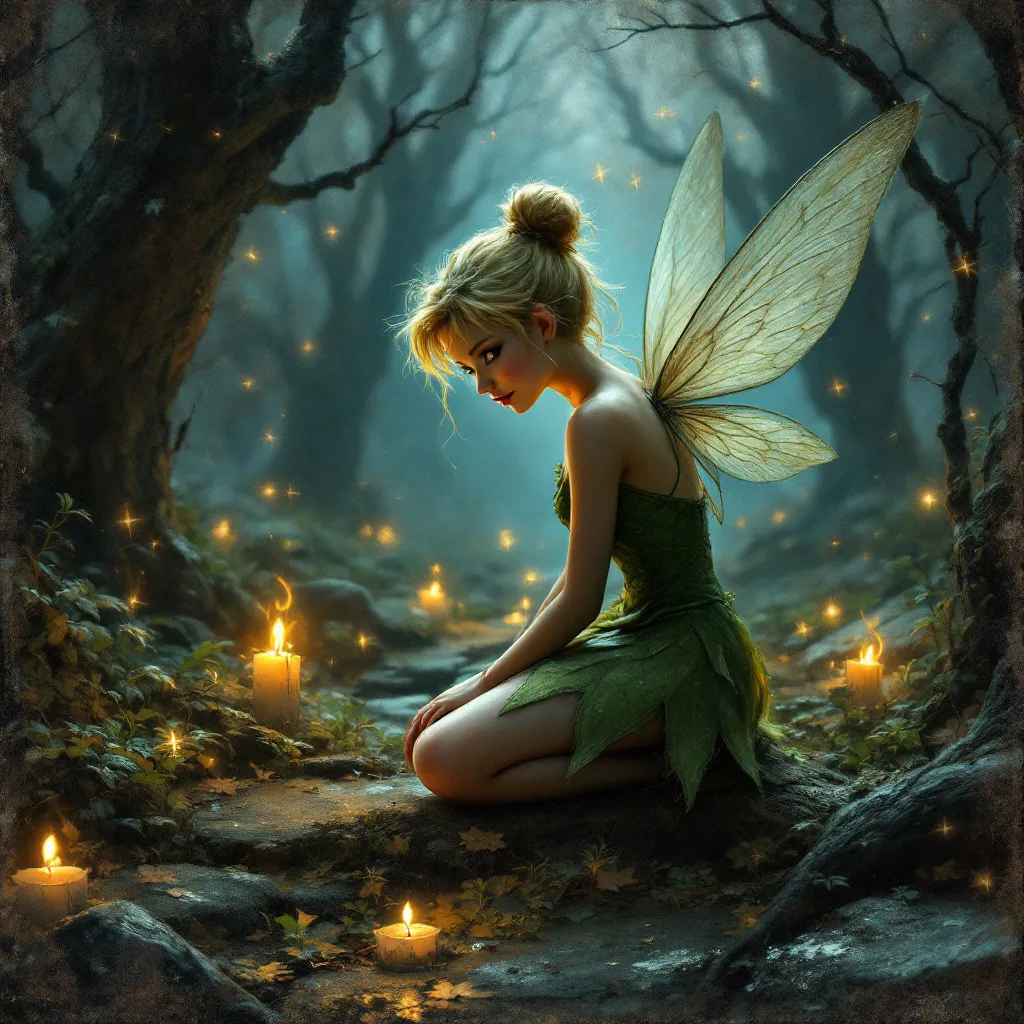 Prompt: Grunge medieval Tinkerbell, impasto, old picture effect, whimsical, highres, detailed, medieval, impasto, old picture effect, grunge, Snow White, fairy tale, dark tones, atmospheric lighting
