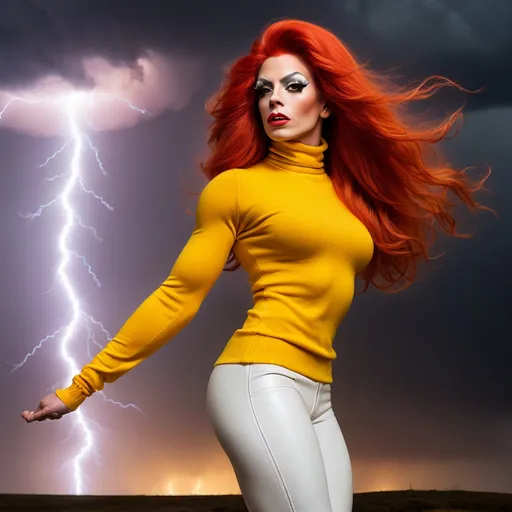 Prompt: Gorgeous ultra-muscular 25-year-old French drag queen bodybuilder with very long wavy bright red hair (((blowing in the wind))) wearing yellow turtleneck sweater and white leather pants, is standing on the edge of oblivion, a mushroom cloud in the distance. A stormy sky and lightning is overhead.