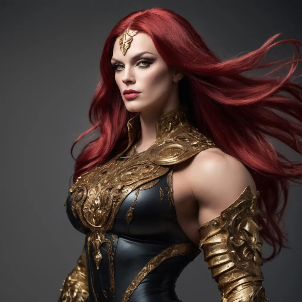 Prompt: Provide A full body, 4k resolution, photo of Greg Davies dressed up as a gorgeous ultra-muscular 25-year-old Swedish drag queen bodybuilder with extra long dark red hair (((blowing in the wind))) wearing warriors. Black and gold armor, fighting of an ancient evil.