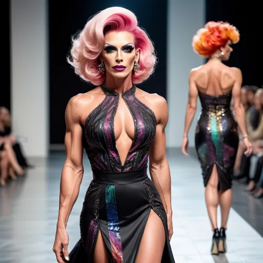 Prompt: Beautiful muscular 35-year-old European drag queen fashion model, intricate face (strong masculine jawline and brow), colorful hair, walking the runway, sophisticated cocktail dress, long shapely legs, black shoes, 8k photo, fashion show, high quality, elegant, detailed eyes, sophisticated, runway walk, colorful hair, professional attire, fashionable, high definition, vibrant atmosphere