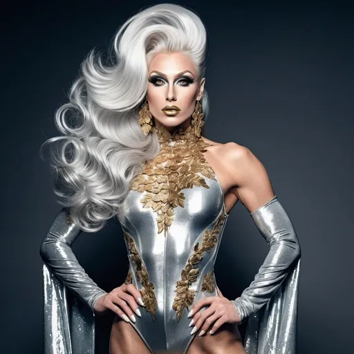 Prompt: Full body portrait of a caucasian gorgeous ethereal ultra-muscular Czechian 25-year-old drag queen bodybuilder,  The color scheme of the image is dominated by gold and silver hues. Her ridiculously long, silvery hair is elegantly gathered in a sleek bun, adorned with golden roses for added sophistication. The ethereal and fairy-like makeup enhances her divine beauty, with intricate golden accents around her eyes, shimmering highlights on her cheeks, and a radiant, golden lip color.

The goddess wears a short metallic gown that catches the light and reflects golden highlights as she moves. The view from a distance accentuates the goddess's perfect form 